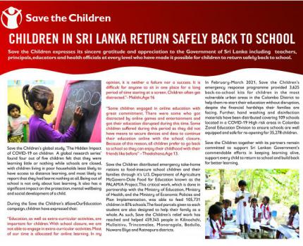 Children in Sri Lanka return Safely Back to School.